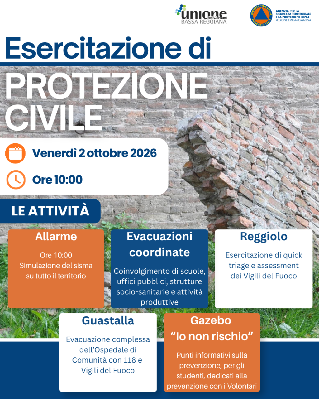 “Sisma Bassa Reggiana 2026”: venerdì 2 ottobre 12 mila persone in campo  per una grande esercitazione sismica